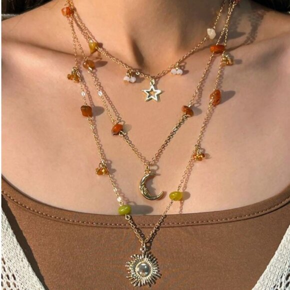 Boho Sun, Moon, & Stars Layered Necklace NEW - Picture 2 of 3